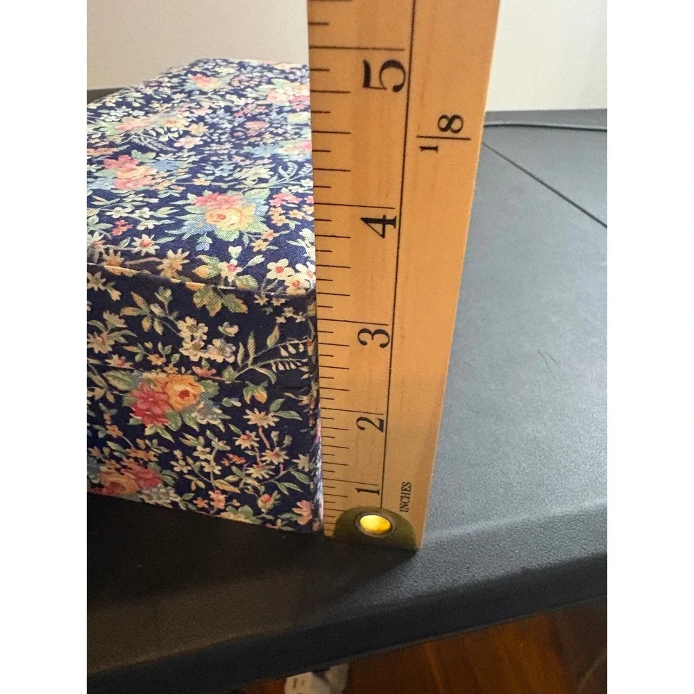 Vintage Floral Chintz Fabric Jewelry Box Navy Blue Mirror Organizer Tray